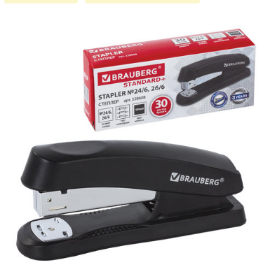 Степлер №24;6, 26;6 BRAUBERG Standard+, до 30 листов, черный, 228608