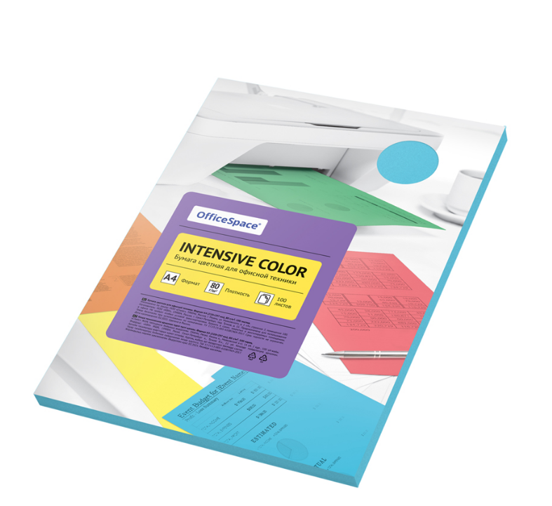 Бумага цветная Office Space, Intensive Color,  А4, 80г/м2, 100л., (голубой), IC_38226